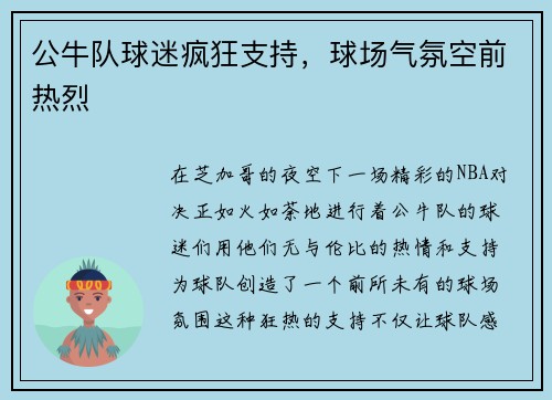 公牛队球迷疯狂支持，球场气氛空前热烈