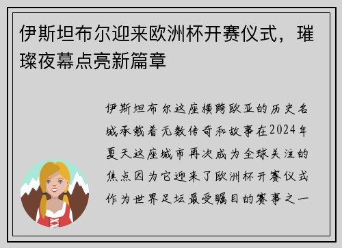 伊斯坦布尔迎来欧洲杯开赛仪式，璀璨夜幕点亮新篇章