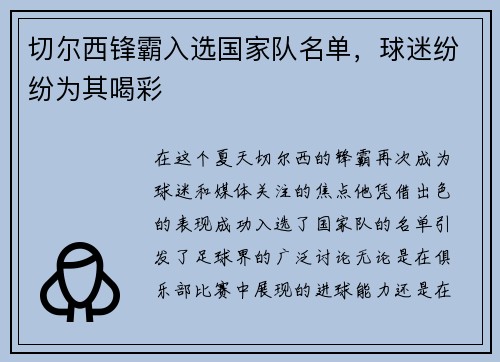 切尔西锋霸入选国家队名单，球迷纷纷为其喝彩